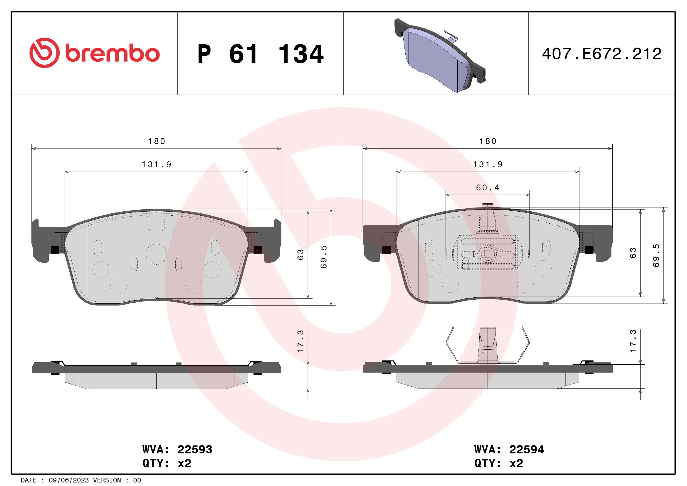 A.B.S. P 61 134 BREMBO Bremsbelagsatz, Scheibenbremse